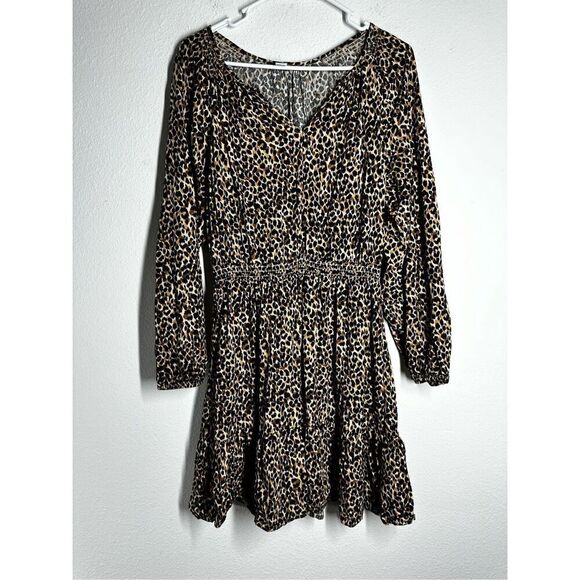 Old Navy Womens Fit & Flare Dress Multicolor Cheetah Print V Neck Long Sleeve M - Picture 1 of 9